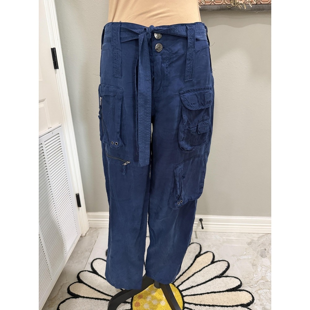 Pete & Greta Johnny Was Cargo Pants Womens 4 Blue Cupro Belted Relaxed Pockets